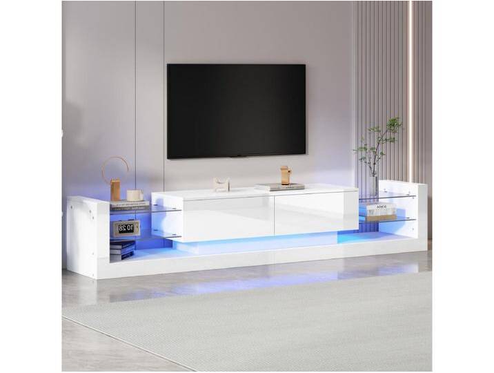 Weißes TV-Board mit 2 Türen und Glasböden, LED-Beleuchtung - für Wohnzimmer und Büro Weißes TV-Board mit 2 Türen und Glasböden, LED-Beleuchtung - für Wohnzimmer und Büro von Kauf-Unique Marketplace