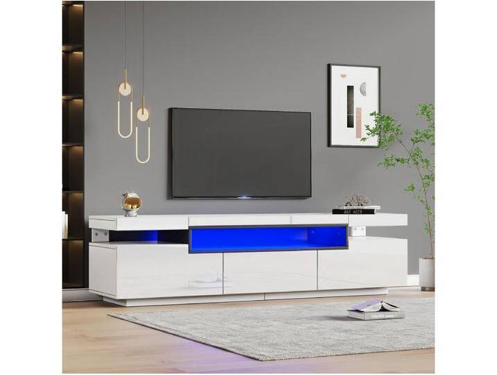 Weißes TV-Lowboard mit 3 Schubladen und offenem Regal, 16-farbige LED-Beleuchtung Weißes TV-Lowboard mit 3 Schubladen und offenem Regal, 16-farbige LED-Beleuchtung von Kauf-Unique Marketplace