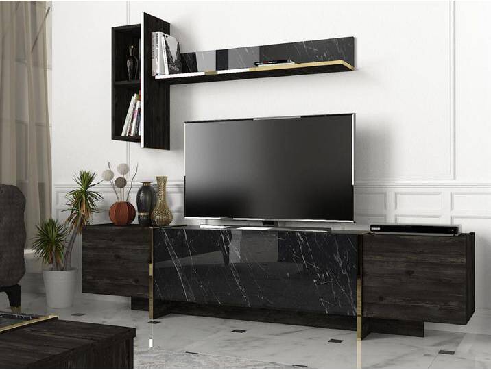 Wohnwand Veyron Rebab Braun Dunkelgrau ( Marmor Optik ) von Kauf-Unique Marketplace