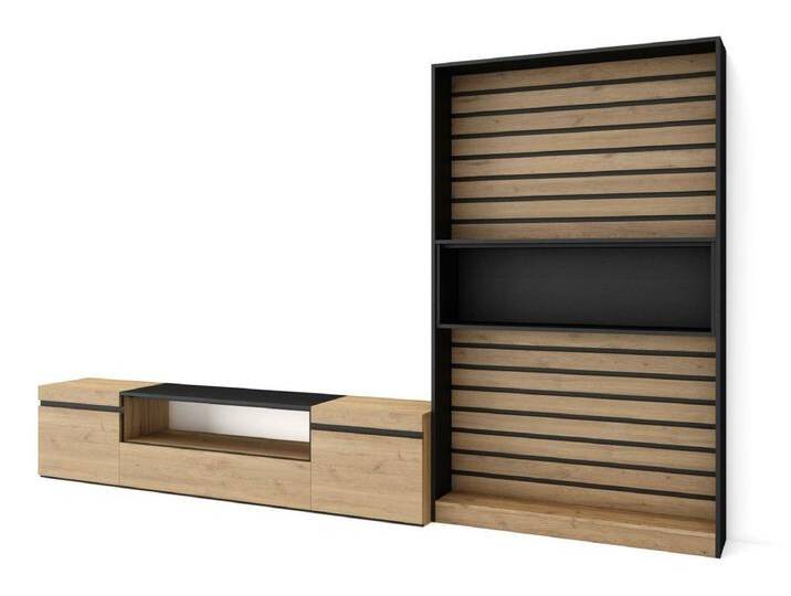 Wohnwand Wohnzimmer, 310x35x186cm, Für TV-Geräte bis zu 80 , Wohnzimmer Möbel , Eiche Schwarz Wohnwand Wohnzimmer, 310x35x186cm, Für TV-Geräte bis zu 80 , Wohnzimmer Möbel , Eiche Schwarz von Kauf-Unique Marketplace