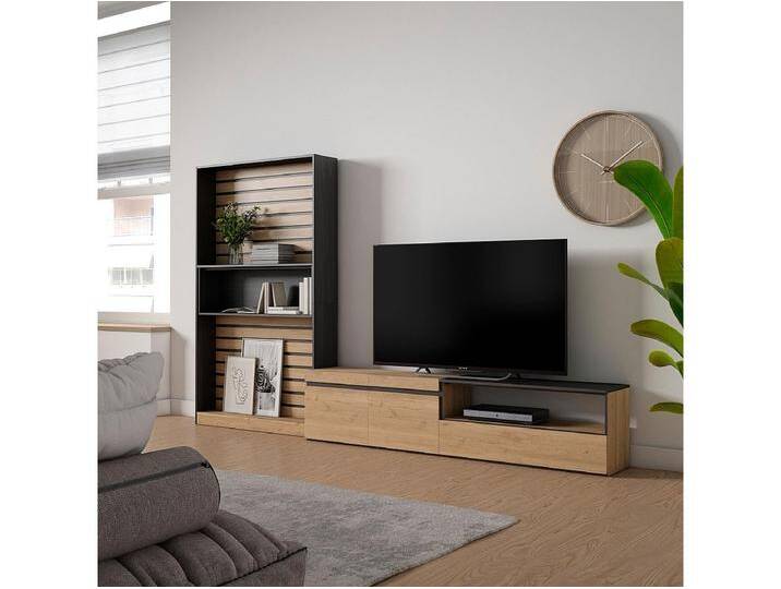 Wohnwand Wohnzimmer, 310x35x186cm, Für TV-Geräte bis zu 80 , Wohnzimmer Möbel , Eiche Schwarz von Kauf-Unique Marketplace