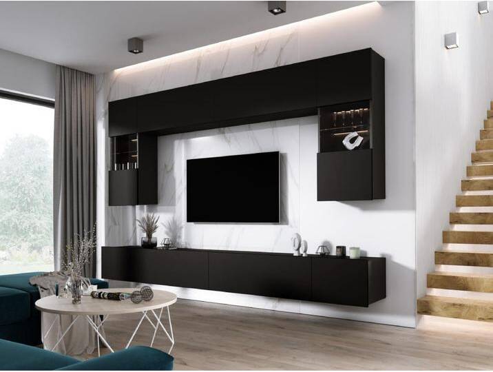 Wohnwand: Mattschwarz, Breite: 300 cm, Höhe: VERSTELLBAR, Tiefe: 42 cm von Kauf-Unique Marketplace