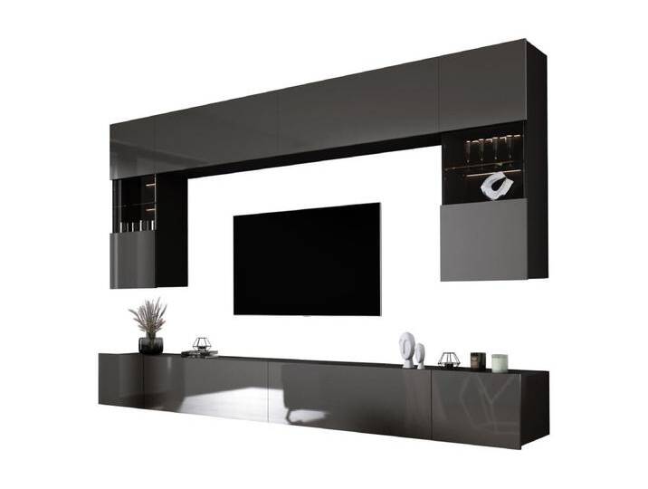 Wohnwand: Mattschwarz / Glänzendes Grau, Breite: 300 cm, Höhe: VERSTELLBAR, Tiefe: 42 cm von Kauf-Unique Marketplace