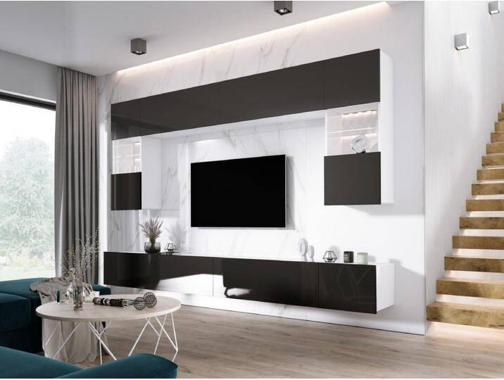 Wohnwand: Mattweiß / Hochglanzschwarz, Breite: 300 cm, Höhe: VERSTELLBAR, Tiefe: 42 cm von Kauf-Unique Marketplace