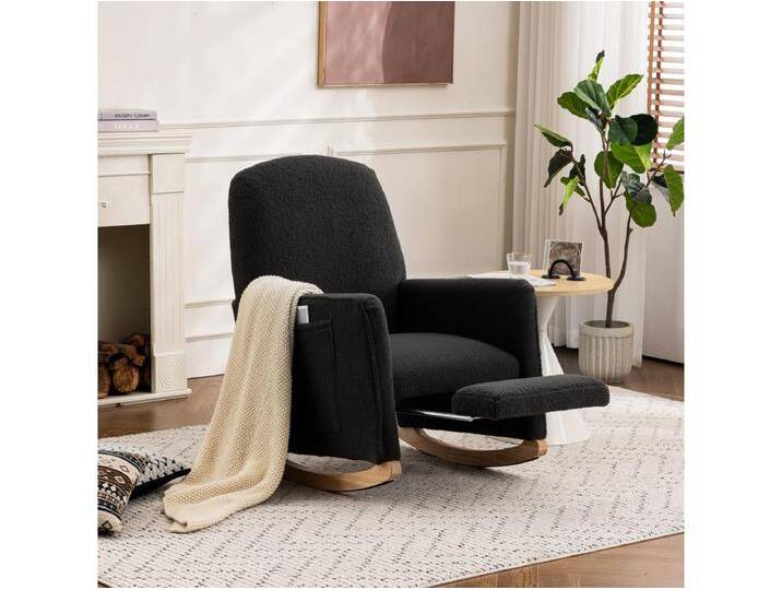 Wohnzimmer-Schaukelstuhl, dunkelgrauer Plüsch, Schaukelstuhl mit einziehbarer Fußstütze, Holzgestell von Kauf-Unique Marketplace