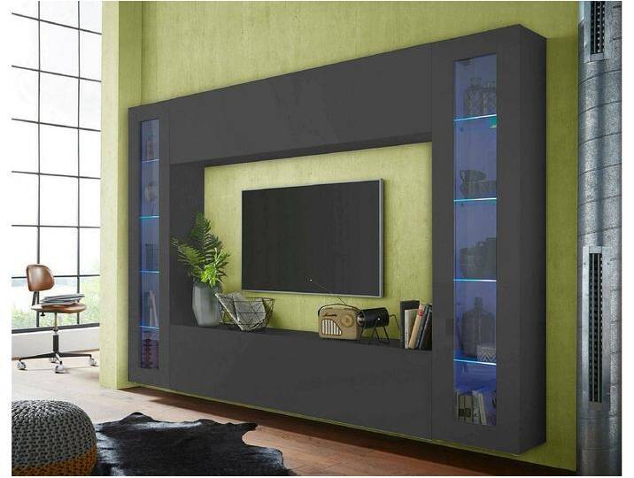 Wohnzimmermöbel Delma, Wohnzimmer-Set TV-Möbel mit 4 Türen, Mehrzweck-Wohnzimmermöbel mit Vitrine und LED-Licht, 100% Made in Italy, cm 260x30h180, Anthrazit von Kauf-Unique Marketplace