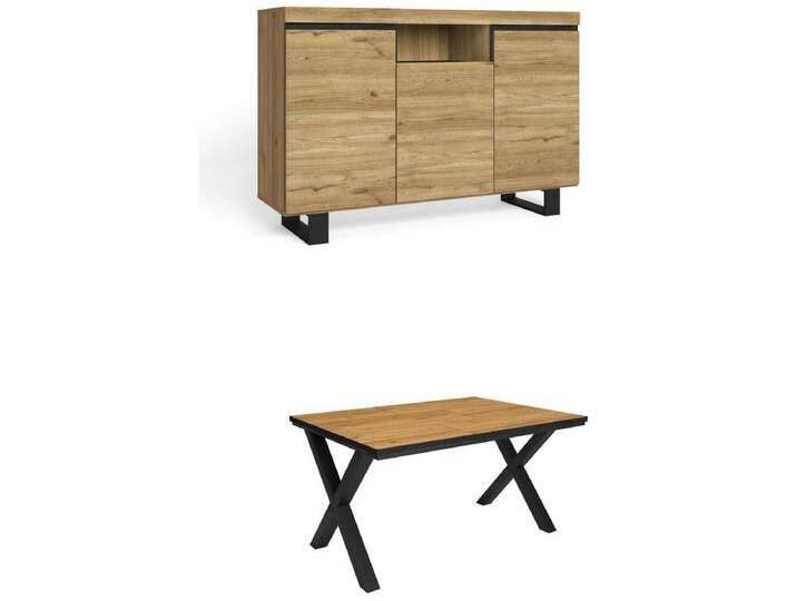 Wohnzimmermöbel-Set, Tisch 140 Rand Schwarze X-Beine 6 Personen, Sideboard / Buffetschrank 140 Tall, Eiche, Schwarz, Industrieller von Kauf-Unique Marketplace