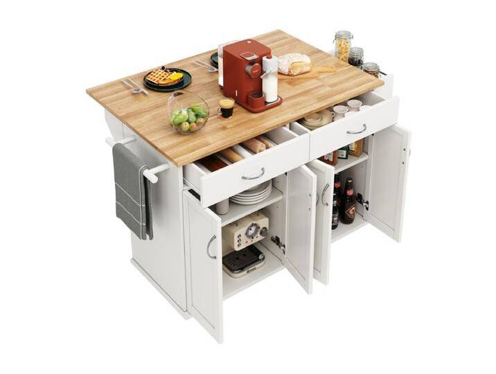 Zentrale Kücheninsel in MDF -Paneele mit Lagerung, drehbarer Rollen, faltbarer Tisch, 106x50/78x90,5 cm, weiß von Kauf-Unique Marketplace