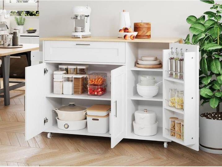 Zentrale Kücheninsel - mit klappbarem Tresen - mehrere Aufbewahrungsmöglichkeiten - Weiß von Kauf-Unique Marketplace