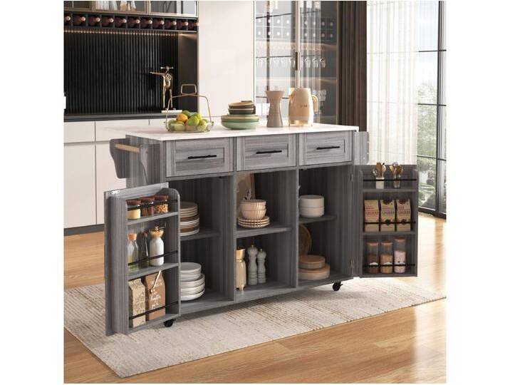 Zentrale mobile Kücheninsel mit 2 Türen und 3 Schubladen – ausziehbare Platte – 129 x 46/71 x 91,5 cm – MDF-Holz + Metall – Grau + Weiß Zentrale mobile Kücheninsel mit 2 Türen und 3 Schubladen – ausziehbare Platte – 129 x 46/71 x 91,5 cm – MDF-Holz + Metall – Grau + Weiß von Kauf-Unique Marketplace