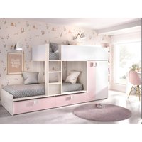 Etagenbett mit Kleiderschrank - 2x 90 x 190 cm - Weiß, Naturfarben & Rosa - JUANITO von Kauf-unique