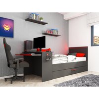 Ausziehbett Gamer mit Schreibtisch & LEDs + Lattenrost  - 2 x 90 x 200 cm - Anthrazit & Rot - VOUANI von Kauf-unique