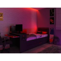 Ausziehbett Gamer mit Schreibtisch & LEDs - 90 x 200 und 90 x 190 cm + Lattenrost + Matratze - Anthrazit & Rot - VOUANI von Kauf-unique