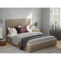 Bett mit Bettkasten + Matratze - 160 x 200 cm - Bett-Kopfteil mit vertikalen Ziernähten - Samt - Taupe - LARALI von Kauf-unique