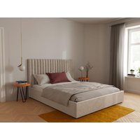 Bett mit Bettkasten 140 x 190 cm mit Kopfteil mit vertikalen Ziernähten + Matratze - Stoff - Beige - SARAH von Kauf-unique