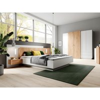 Bett mit Bettkasten mit Nachttischen + Matratze - 160 x 200 cm - 2 Schubladen + LEDs - Weiß & Holzfarben - FRANCOLI von Kauf-unique