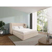 Bett mit Bettkasten & geschwungenem Kopfteil + Matratze - 160 x 200 cm - Mit LED-Beleuchtung - Stoff - Beige - STOKALI von Kauf-unique