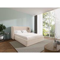 Bett mit Bettkasten & geschwungenem Kopfteil + Matratze - 180 x 200 cm - Mit LED-Beleuchtung - Stoff - Beige - STOKALI von Kauf-unique