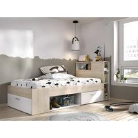 Bett mit Kopfteil, Stauraum & Schublade - 90 x 190 cm + Lattenrost - Weiß und Holzfarben - LEANDRE von Kauf-unique