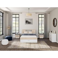 Bett mit Kopfteil, Stauraum & Schubladen + Nachttische - 160 x 200 cm - Holzfarben & Weiß - LEANDRE von Kauf-unique