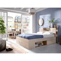 Bett mit Kopfteil, Stauraum & Schubladen - 160 x 200 cm - Holzfarben + Lattenrost + Matratze - LEANDRE von Kauf-unique