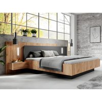 Bett mit Nachttischen + Lattenrost + Matratze  - 160 x 200 cm - 2 Schubladen + LEDs - Holzfarben & Anthrazit - FRANCOLI von Vente-unique