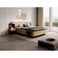 Bett mit Nachttischen + Lattenrost + Matratze - 160 x 200 cm - Mit LED-Beleuchtung - Holzfarben & Schwarz - JUVISIA von Kauf-unique