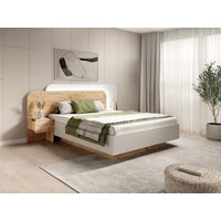 Bett mit Nachttischen + Lattenrost + Matratze - 160 x 200 cm - Mit LED-Beleuchtung - Holzfarben & Weiß - DESADO von Kauf-unique