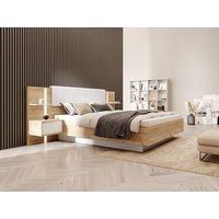 Bett mit Nachttischen + Lattenrost + Matratze - 160 x 200 cm - Mit LED-Beleuchtung - Holzfarben & Weiß - ELYNIA von Kauf-unique