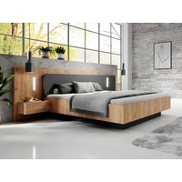 Bett mit Nachttischen - 140 x 190 cm - 2 Schubladen - Mit LED-Beleuchtung - Holzfarben und Anthrazit + Lattenrost + Matratze - FRANCOLI von Vente-unique