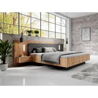 Bett mit Nachttischen - 140 x 190 cm - 2 Schubladen - Mit LED-Beleuchtung - Holzfarben & Anthrazit + Lattenrost - FRANCOLI von Kauf-unique