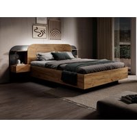 Bett mit Nachttischen 160 x 200 cm - Mit LEDs - Natur und Schwarz - JUVISIA von Kauf-unique
