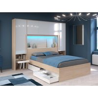 Bett mit Stauraum + Lattenrost + Matratze - 140 x 190 cm - Mit LED-Beleuchtung -  Holzfarben & glänzend weiß - VELONA von Kauf-unique