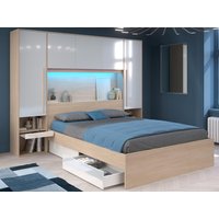 Bett mit Stauraum + Lattenrost + Matratze - 160 x 200 cm - Mit LED-Beleuchtung - Holzfarben & glänzend weiß - VELONA von Kauf-unique