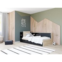 Bett mit Stauraum + Lattenrost + Matratze - 90 x 200 cm - Schwarz & Holzfarben - LIARA von Kauf-unique