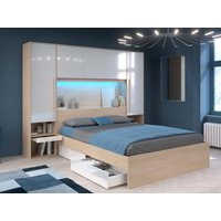 Bett mit Stauraum 160 x 200 cm mit LED-Beleuchtung + Lattenrost - Holzfarben & glänzend weiß - VELONA von Kauf-unique