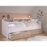 Bett mit Stauraum - 90 x 200 cm - Weiß & Holzfarben + Lattenrost + Matratze - PAULETTE von Kauf-unique