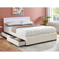 Bett mit Stauraum & LED-Beleuchtung - Kunstleder - 140 x 190 cm - Weiß + Matratze - ALOIS II von Kauf-unique