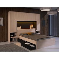 Bett mit Stauraum & LEDs - 140 x 190 cm - Naturfarben & Schwarz - VELONA von Kauf-unique