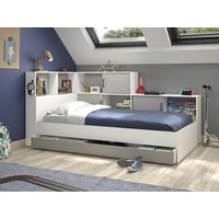 Bett mit Stauraum & Schublade + Lattenrost + Matratze - 90 x 200 cm - Weiß & Grau - ARMAND von Kauf-unique