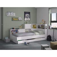 Bett mit Stauraum & Schublade - 90 x 200 cm - Weiß + Lattenrost + Matratze - ARMAND von Kauf-unique