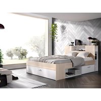 Bett mit Stauraum & Schubladen + Lattenrost + Matratze - 160 x 200 cm - Weiß & Naturfarben - LEANDRE von Kauf-unique