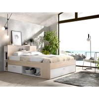 Bett mit Stauraum & Schubladen + Lattenrost - 140 x 190 cm - Weiß & Naturfarben - LEANDRE von Kauf-unique
