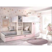 Etagenbett mit Kleiderschrank + Matratzen - 2x 90 x 190 cm - Weiß, Naturfarben & Rosa - JUANITO Etagenbett mit Kleiderschrank + Matratzen - 2x 90 x 190 cm - Weiß, Naturfarben & Rosa - JUANITO von Vente-unique