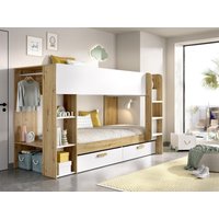 Etagenbett mit Stauraum & Kleiderstange - 2 x 90 x 200 cm - Weiß & Holzfarben - OZANA von Kauf-unique