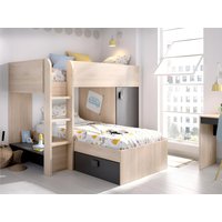 Eck-Hochbett modulierbar - 2 x 90 x 190 cm - mit Stauraum - Holzfarben & Anthrazit + Matratze - RICARDO von Vente-unique