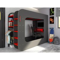 Hochbett mit Gaming-Schreibtisch & Stauraum & Matratze + LEDs - 90 x 200 cm - Anthrazit & Rot - WARRIOR von Vente-unique