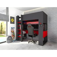 Hochbett mit Gaming-Schreibtisch & Stauraum NOAH - 90 x 200 cm - Mit LEDs - Anthrazit & Rot von Kauf-unique