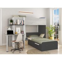 Eck-Hochbett - 2 x 90 x 190 cm -  mit Schreibtisch - Weiß, Schwarz & Grau - SAMUEL von Vente-unique