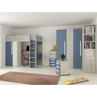 Hochbett mit Schreibtisch & Kleiderschrank + Matratze  - 90 x 200 cm - Blau & Weiß - NICOLAS von Kauf-unique